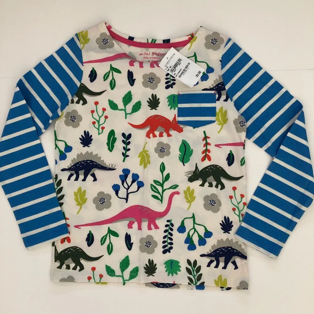 NWT Mini Boden dinosaur print pocket tee